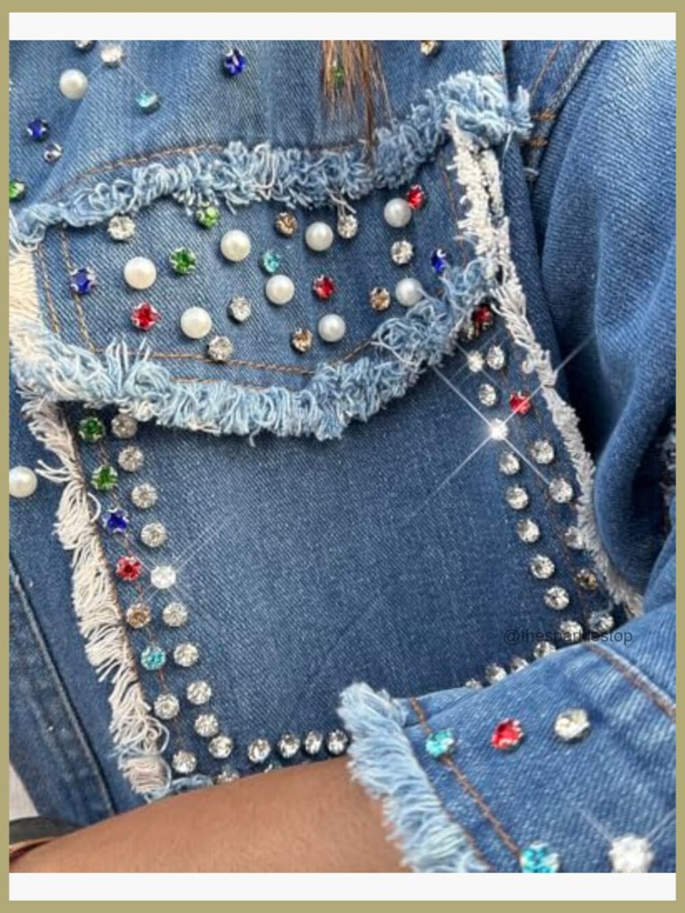 Women's Denim Jacket with Sequin Pockets Rhinestone Long Sleeve Casual Coat - Picture 4 of 7